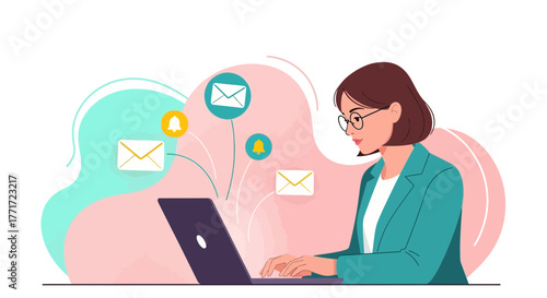 Email Communication Process Showing A Businesswoman, Technology, And Online Correspondence