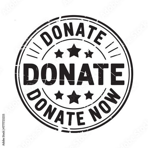Circular stamp graphic with the word donate repeated and stars