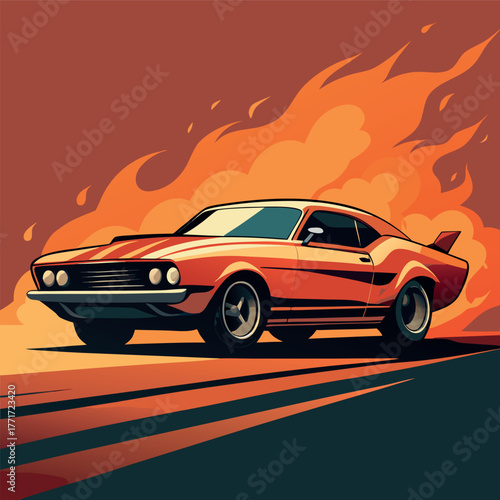 Retro muscle car racing with fiery background, bold colors and dynamic shadows, vintage illustration style.