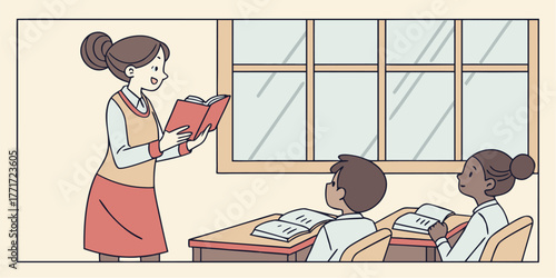 Engaging teacher shares story from book to attentive students in classroom setting