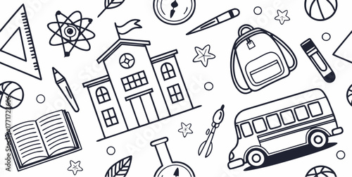 Black and white school themed illustration with various education elements and a school bus