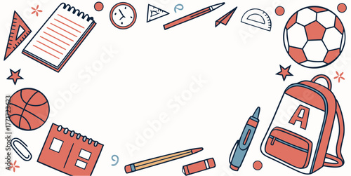 Back to school essentials frame with notebook, backpack, sports equipment, and stationery