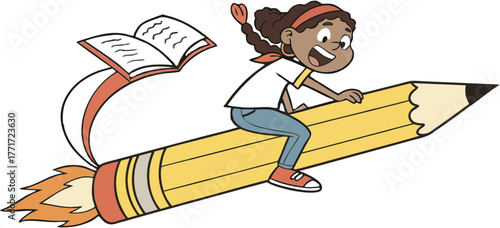 Young student joyfully rides a flying pencil towards knowledge, embracing education's exciting journey.