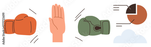 Orange and green boxing gloves with a stop hand gesture symbolizing conflict resolution. A data pie chart and cloud represent strategy, analysis, teamwork, and clarity. Ideal for business