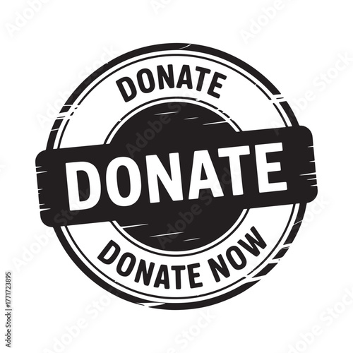 Donate now stamp graphic with bold text on white background