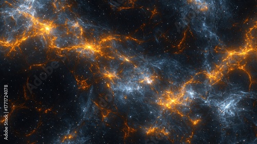 A mesmerizing, ethereal nebula of glowing orange and blue light, with intricate, swirling patterns and a dark, star-studded background, creating a sense of depth and mystery.