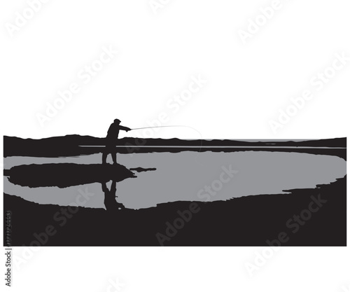 Fisherman by the Lake Silhouette with Reflection Vector