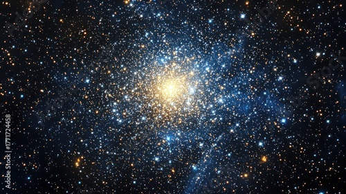 A large, bright star cluster with numerous smaller stars and a central point of light, set against a dark, starry backdrop.