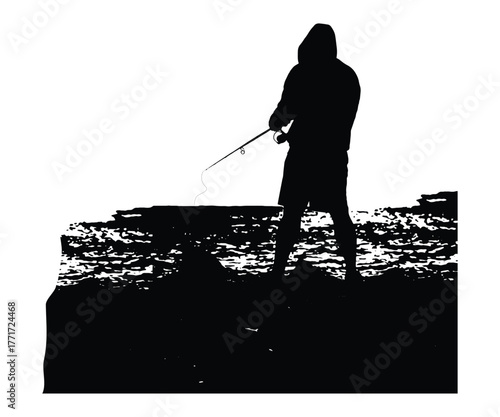 Fisherman Standing on Rock Silhouette Vector