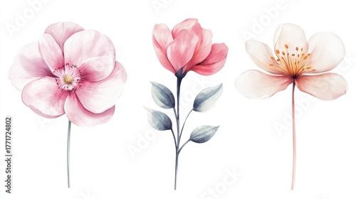 Wallpaper Mural Three watercolor flowers are arranged in a row against a white background. The flowers vary in color and shape. The first flower is a large, pink flower with a dark center.  Torontodigital.ca