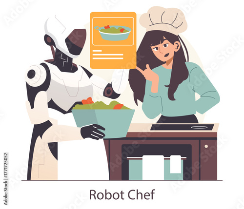 Robot Chef and Cook Collaborating on Recipe Vector