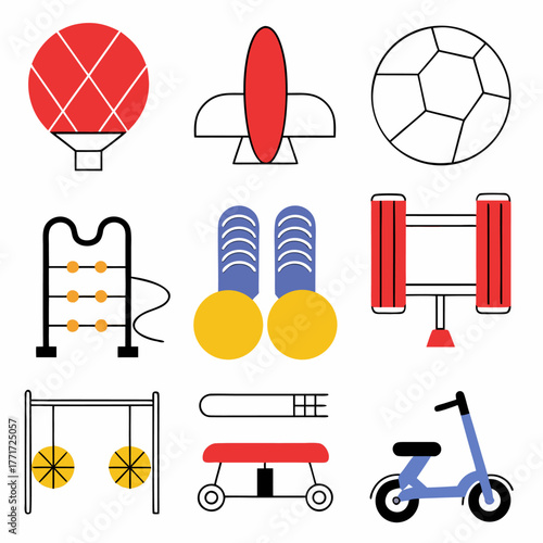 Colorful Flat Design Icons of Children's Toys and Play Items