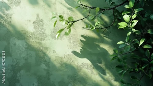 A serene image of fresh green leaves casting shadows on a textured, pale-green wall in sunlight