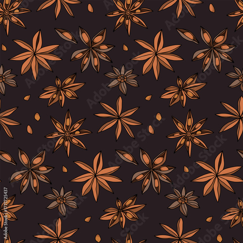 Seamless pattern with colorful anise, spice stars on a rich chocolate background
