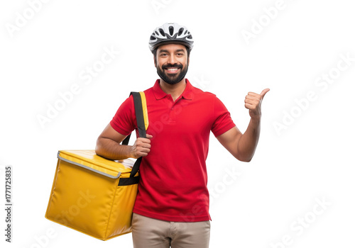 Smiling delivery man with yellow bag giving thumbs up