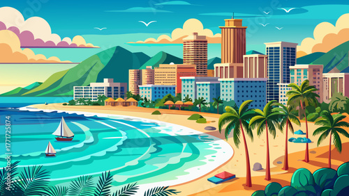 Very beautiful panoramic banner view of Honolulu Waikiki Beach, Hawaii, USA, featuring turquoise waters, golden sand, palm trees, and city skyline — a perfect summer travel and honeymoon destination.