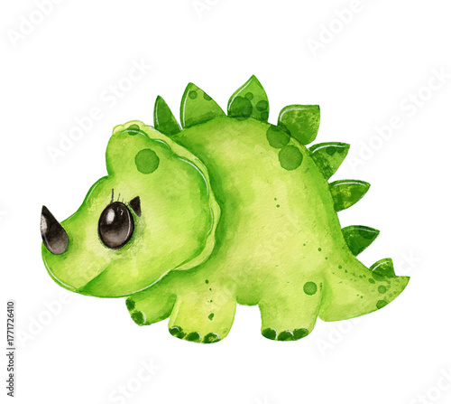 Cute green dinosaur character with big eyes and spikes, perfect for children's illustrations or designs