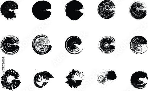 Distressed black circular shapes with unique textured brushstroke details for artwork