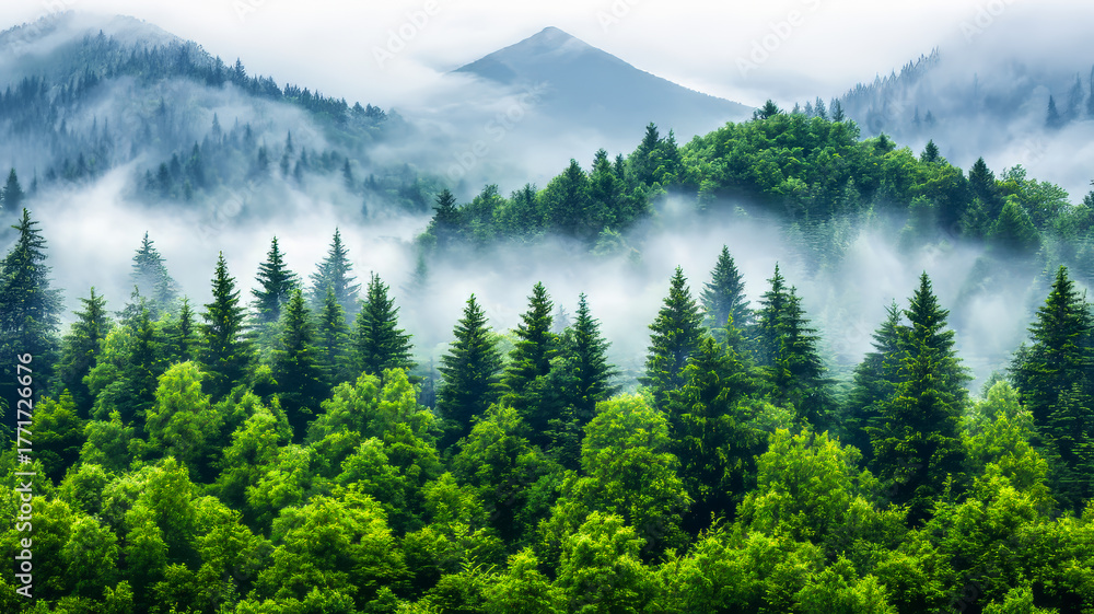 Fototapeta premium Misty mountain forest scene. Fog surrounds tall trees in a vibrant green forest, with rolling mountains in the background under a cloudy sky.
