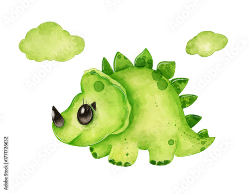 Cute green dinosaur with big eyes and spikes, smiling against a white background with fluffy clouds