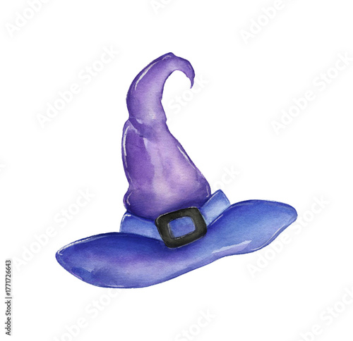 Unique purple witch hat with a blue brim and black buckle for Halloween celebrations or costume parties