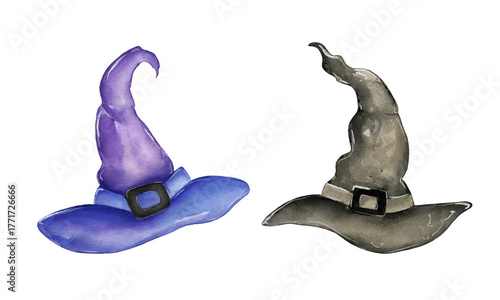 Colorful and spooky witch hats drawn in watercolor style for Halloween decorations