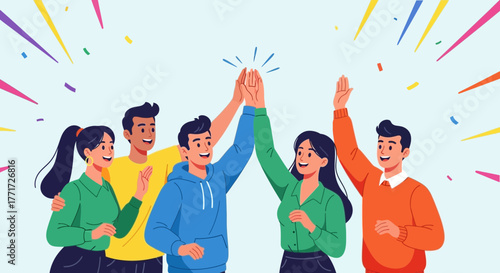 Joyful Group Celebrating Success Together with Colorful Confetti and High Fives