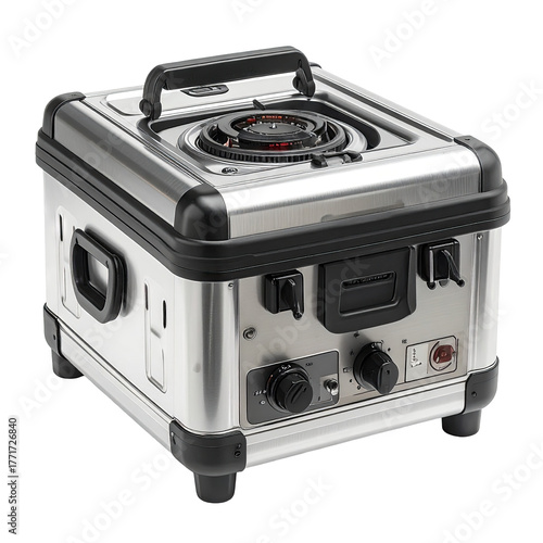 Metallic portable cooking appliance with a stovetop, controls, and carrying handle
