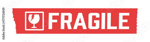 赤いテープに割れたグラスのアイコンとFRAGILEの文字 - 割れもの注意のメッセージのシール素材