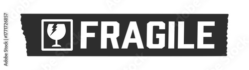 黒いテープに割れたグラスのアイコンとFRAGILEの文字 - 割れもの注意のメッセージのシール素材