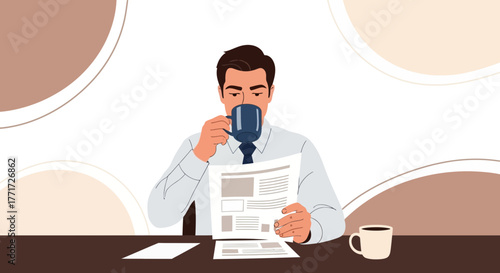 Man Drinks Coffee While Reading Newspaper In The Morning With Neutral Background