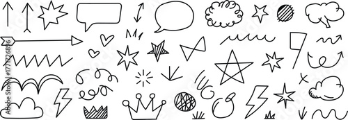 Hand drawn arrows stars clouds and speech bubbles doodle set for illustration