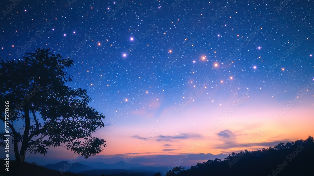Naklejka premium A starry night sky with a silhouette of a tree and mountains in the foreground, and a colorful sunset in the background.