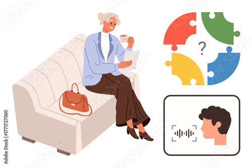 Elderly woman drinking coffee on a sofa, colorful puzzle pieces forming a question, and a voice recognition icon. Ideal for themes thumbs up decision-making, problem-solving, aging, technology