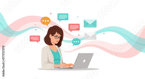 Online Communication And Business Woman Working With Laptop Receiving Emails And Messages