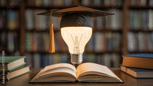 A creative blend of a graduation cap and a light bulb illuminating an open book, symbolizing education and innovation.