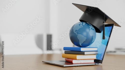 A graduation cap rests on a globe emerging from a laptop, symbolizing education and global learning amidst stacked books.