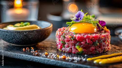 Beef tartare with egg yolk. Colorful beef tartare sits on a black stone plate beside sauce. It features a rich egg yolk and vibrant herbs.