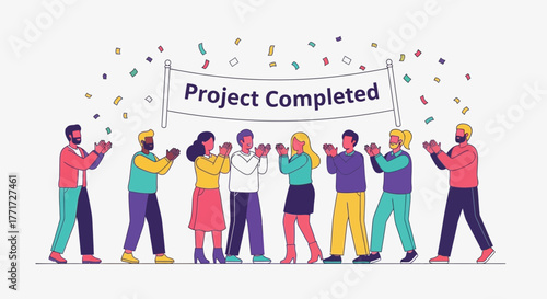 Team Celebrating a Project Completion With Joyful Applause and Confetti Display