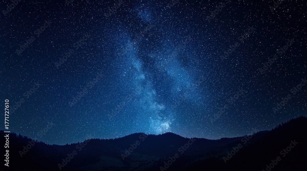 Fototapeta premium A starry night sky with the Milky Way visible in the distance, silhouetted against the dark blue sky, with mountains in the foreground and a forested area in the background.