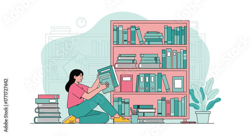 A Woman Reading Books Amongst Bookshelves In A Cozy And Comfortable Library Setting