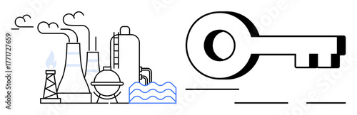 Industrial plants with chimneys, towers, flames, and water flow beside a large key. Ideal for industry, energy, environment, innovation sustainability problem-solving unlocking ideas. Simple flat