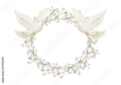 Canvastavla Watercolor floral wreath with white doves and delicate baby’s breath