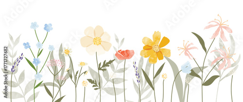 Vector floral border with soft pastel wildflowers, watercolor hand drawn illustration for spring decoration, greeting cards, and fabric