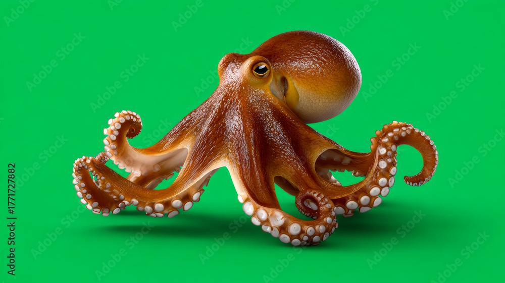 Fototapeta premium Colorful octopus on a bright background. A vivid octopus with long tentacles sits against a green background, showcasing its unique features and colors.