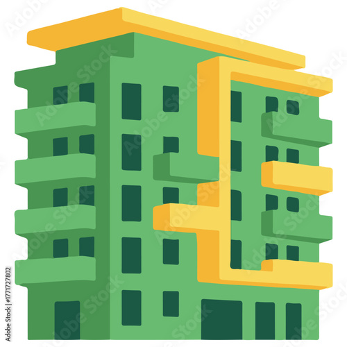 Flat Design Green Residential Building Illustration with Yellow Architectural Details