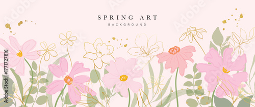 Vector spring floral background with pink cosmos and green leaves in watercolor style, delicate hand drawn illustration for wedding invitations and greeting cards