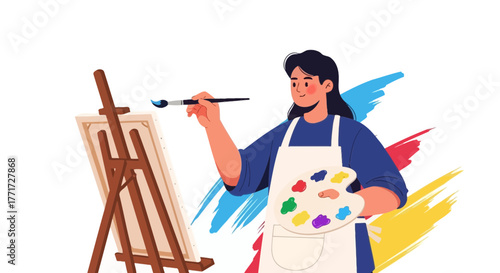 Artist Painting on Canvas with Brush and Palette, Color Stroke Background, Artistic Concept