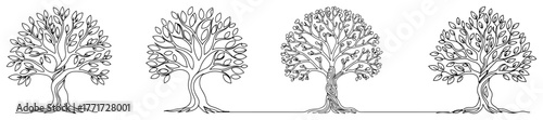 Tree of life set vector – decorative family trees with swirling branches, elegant nature line art icons