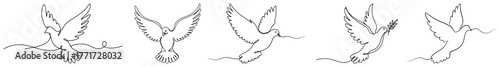 Doves flying border vector – peaceful birds continuous line decoration for religious and wedding designs